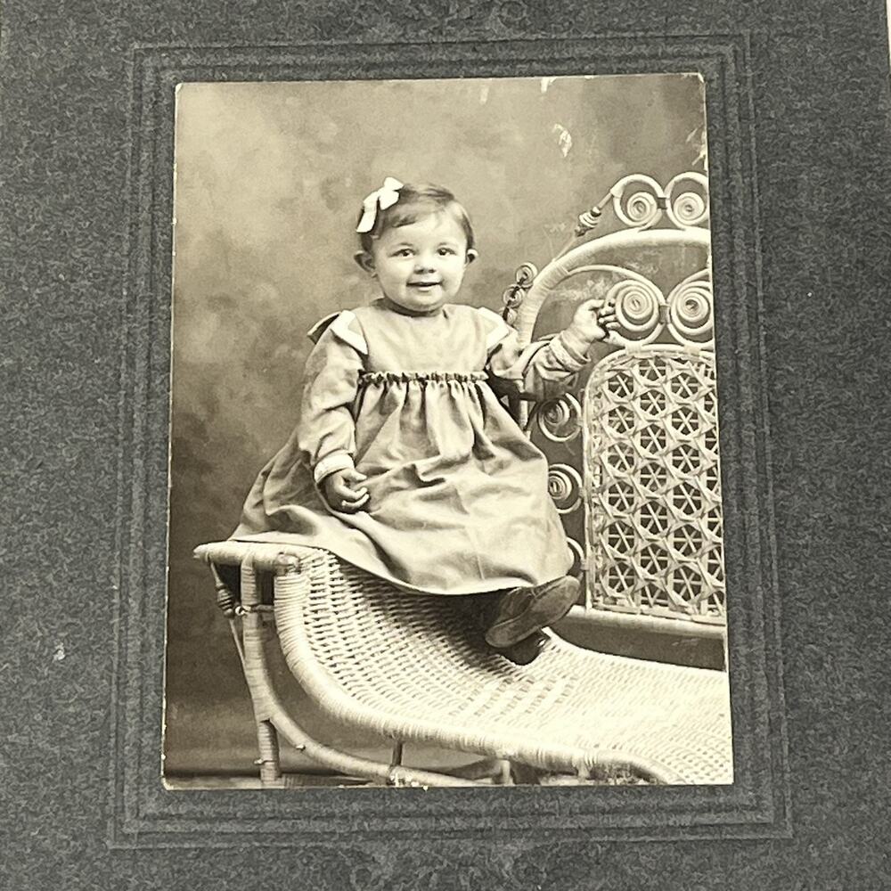 Antique Cabinet Card Photo Baby Girl Victorian Wicker Peacock Chair Whittaker MI